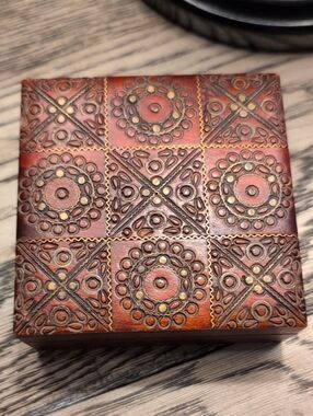 Vintage Square Hand Carved Wooden Accent Box Hinged Lid Trinket Box Brass Inlay